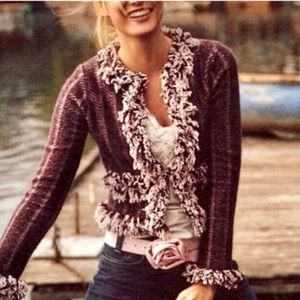 HWR Monogram Anthropologie Cardigan Wool Angora Raw Edge Fringed